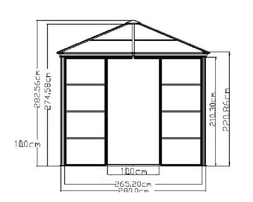 Plan coté d''un abri de jardin avec étagères et ouverture de porte, comprenant les dimensions de hauteur et de largeur en centimètres.