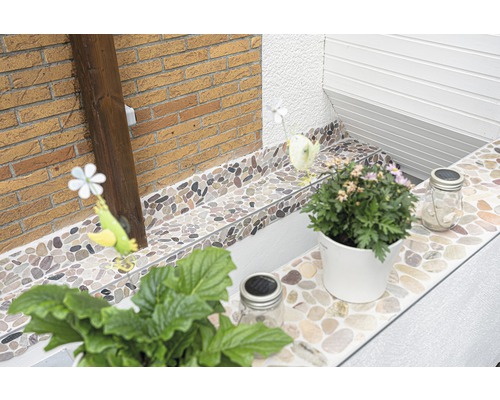 Des carreaux de pierre décoratifs agrémentent un espace extérieur avec des plantes et des décorations.