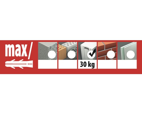 Convient pour le béton, les briques perforées, les blocs creux, les briques pleines, les briques et les plaques de plâtre avec une charge maximale de 30 kg