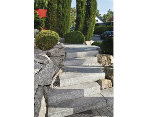 Aussentreppe aus Granit mit seitlicher Steinmauer und Bepflanzung