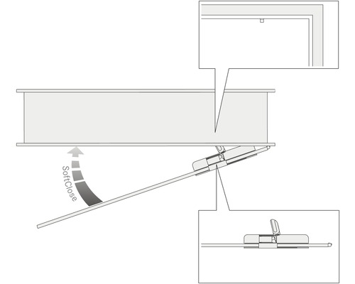 Schéma d''une quincaillerie de meuble avec fonction de fermeture amortie