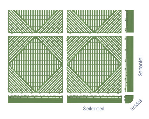 Darstellung von Terrassenfliesen mit Seiten- und Eckteilen zur Verlegung.
