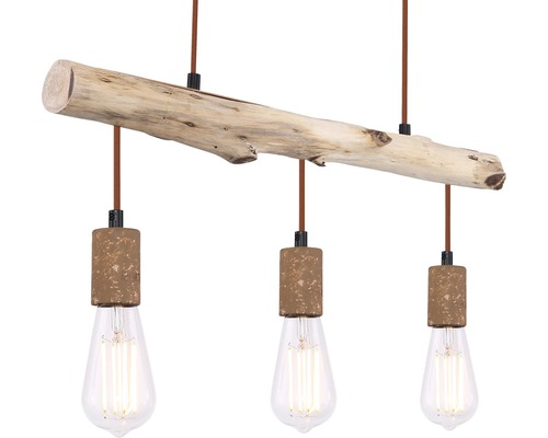 Pendelleuchte mit drei Leuchten an einem Holzstamm