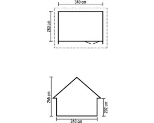Grundriss und Ansicht eines Gartenhauses mit Massangaben