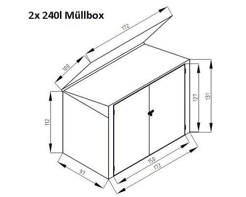 Technische Zeichnung einer Mülltonnenbox für zwei 240 Liter Mülltonnen mit Maßangaben