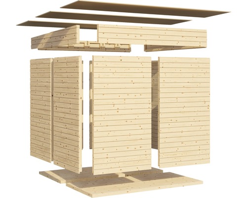 Représentation éclatée d''un abri de jardin avec des murs en bois et des éléments de toit