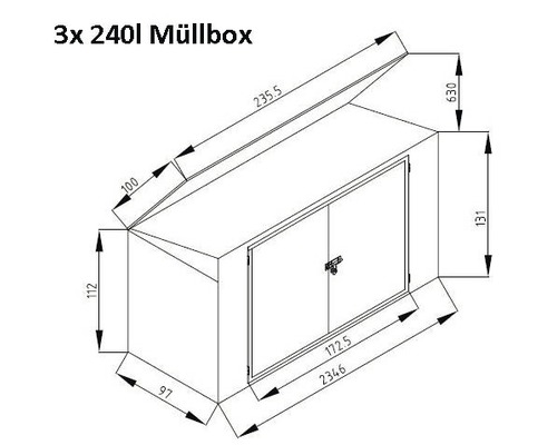 Technische Zeichnung einer Mülltonnenbox für drei Mülltonnen mit je 240 Litern Fassungsvermögen, inklusive Maßangaben.