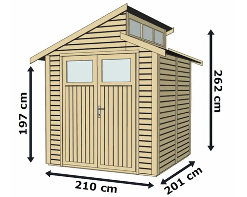 Image d''un abri de jardin avec des dimensions : hauteur 262 cm, largeur 210 cm, profondeur 201 cm.