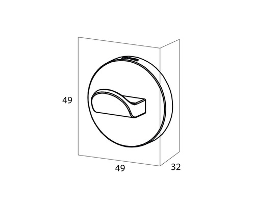 Skizze eines Kleiderhakens mit den Massen 49 x 49 x 32 mm