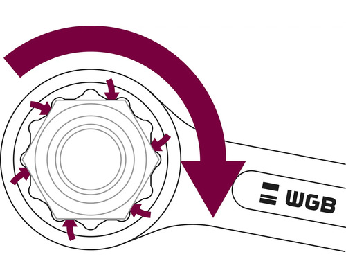 Darstellung eines Maulschlüssels mit Drehrichtungspfeil und WGB Logo