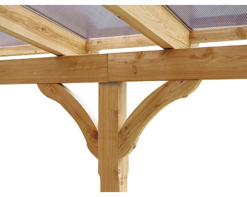 Vue détaillée d''une structure en bois avec poutres et toit transparent