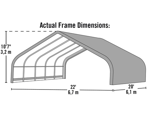 Représentation schématique d''un abri de voiture avec des dimensions de 6,7 mètres de long, 6,1 mètres de profondeur et 3,2 mètres de haut.