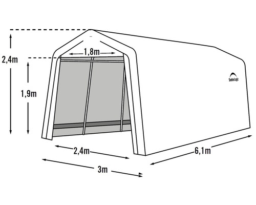 Schéma technique d''un abri de stockage ShelterLogic avec dimensions