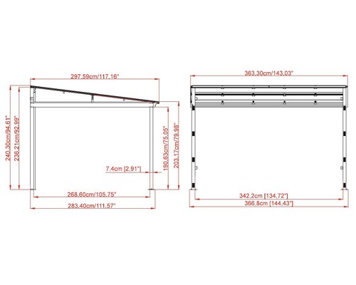 Schéma technique d''un pavillon avec dimensions en centimètres