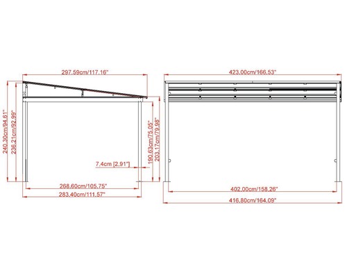 Schéma technique d''un pavillon avec indications de dimensions
