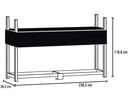 Technische Zeichnung eines Pflanztischs mit den Massen 238,3 x 36,3 x 118,9 Zentimeter.
