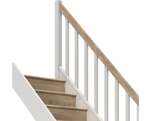 Détail d''un escalier avec rampe blanche et main courante en bois