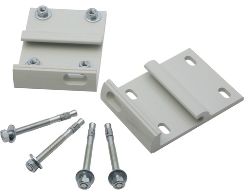 Zwei Metallhalterungen und vier Bolzenanker zur Befestigung