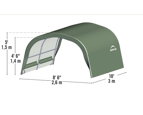 Dimensions d''un abri ShelterLogic: 1,5 mètre de haut, 2,6 mètres de large et 3 mètres de profondeur
