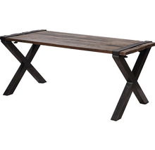 Table de salle à manger avec plateau en bois et piètement en métal en forme de X