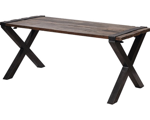 Table de salle à manger avec plateau en bois et piètement en métal en forme de X
