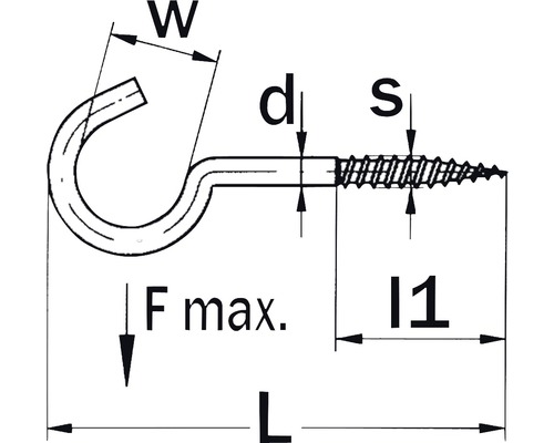Dessin technique d''un crochet avec filetage à vis et indications de dimensions.