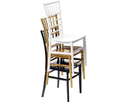 Pile de trois chaises Chiavari en noir, doré et blanc