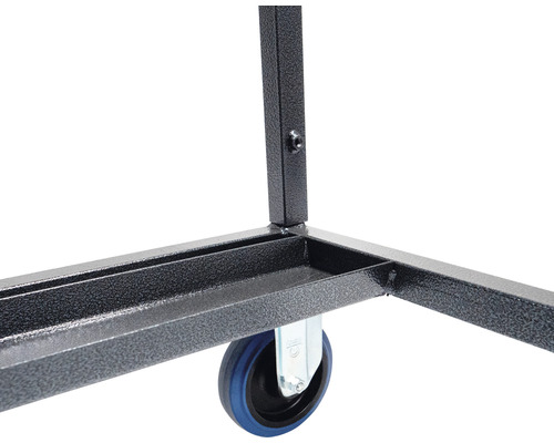 Vue détaillée d''un chariot roulant avec cadre en métal et roues bleues.