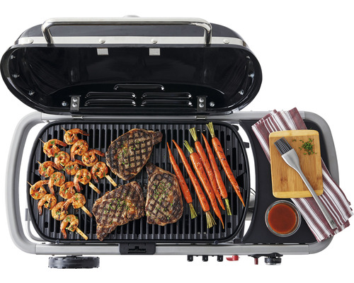 Offener Grill mit Garnelenspießen, Steaks und Karotten