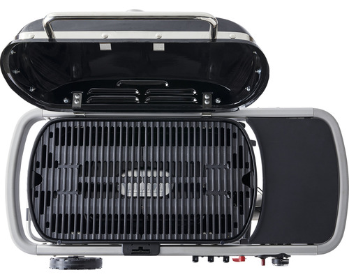 Tragbarer Gasgrill mit Grillrost und geöffnetem Deckel
