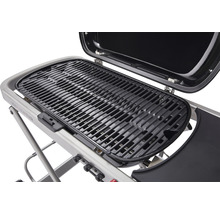 Tragbarer Grill mit Grillrost und geöffnetem Deckel.
