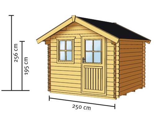 Image d''un abri de jardin avec des dimensions de 250 cm de largeur, 195 cm de hauteur latérale et 256 cm de hauteur totale.