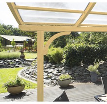 Vue détaillée d''une pergola en bois avec toit transparent et montants incurvés dans un jardin