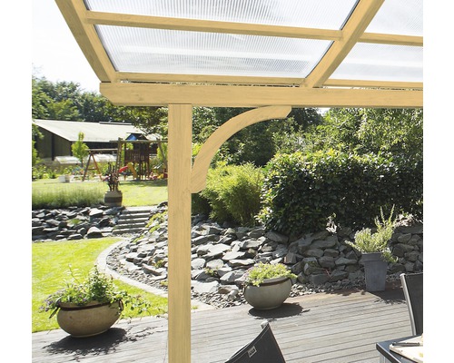 Vue détaillée d''une pergola en bois avec toit transparent et montants incurvés dans un jardin