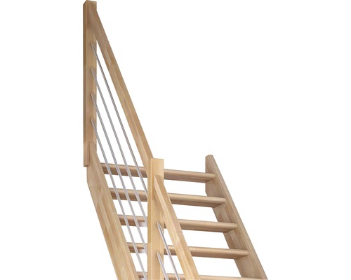 Escalier en bois avec rampe et montants métalliques