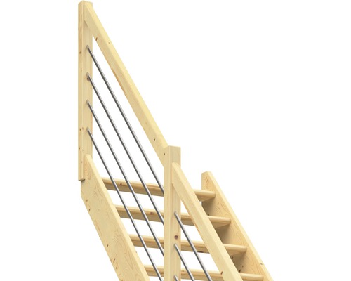 Escalier en bois avec garde-corps à barreaux métalliques