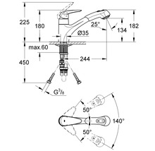 Technische Zeichnung einer Küchenarmatur mit Maßangaben