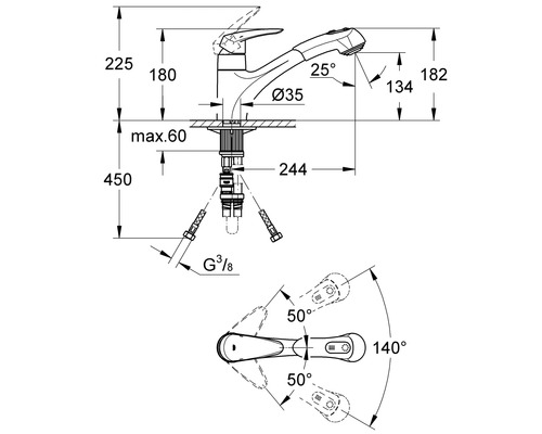 Technische Zeichnung einer Küchenarmatur mit Maßangaben