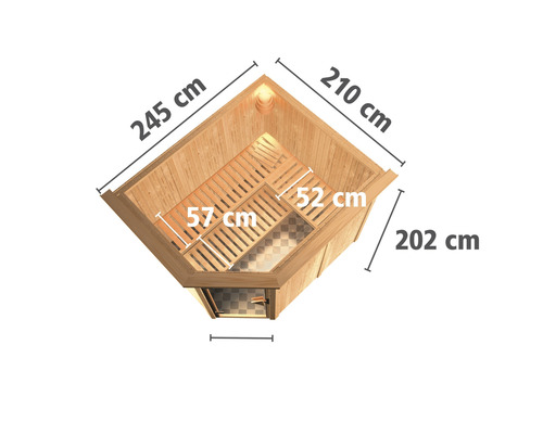 Vue de dessus sauna d''angle avec dimensions 245, 210 et 202 centimètres