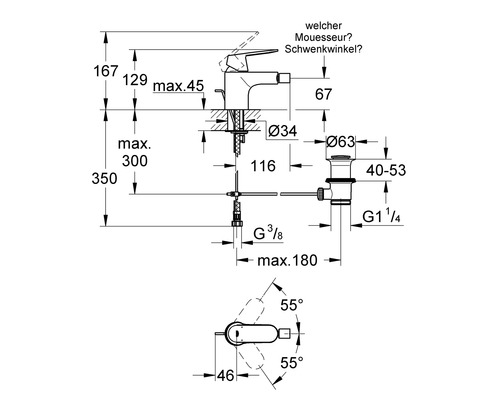 Masse des Wasserhahns mit Ablaufgarnitur