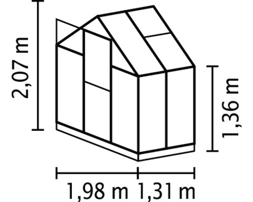Image indiquant les dimensions d''une serre : 2,07 mètre de hauteur, 1,36 mètre de hauteur latérale, 1,98 mètre et 1,31 mètre de largeur.