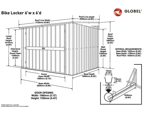 Schéma technique d''un abri à vélos avec indication de la largeur et de la hauteur