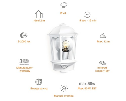 Weisse Aussenleuchte mit Bewegungsmelder und technischen Daten wie Reichweite, Leistung und Schutzart
