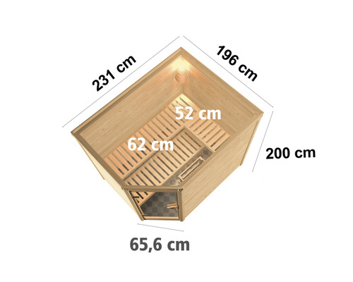 Vue de dessus d''un sauna d''angle avec dimensions
