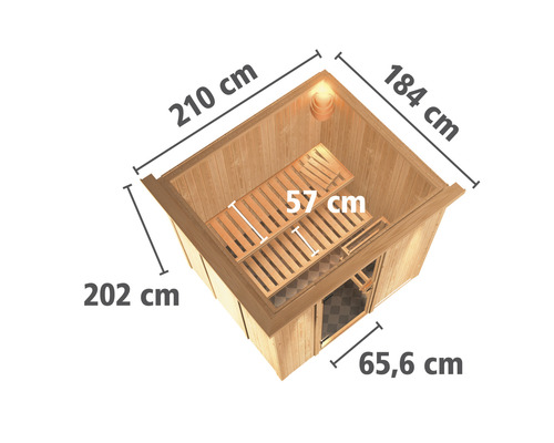 Elementsauna Karibu Sodina ohne Ofen mit Dachkranz und bronzierter Ganzglastür