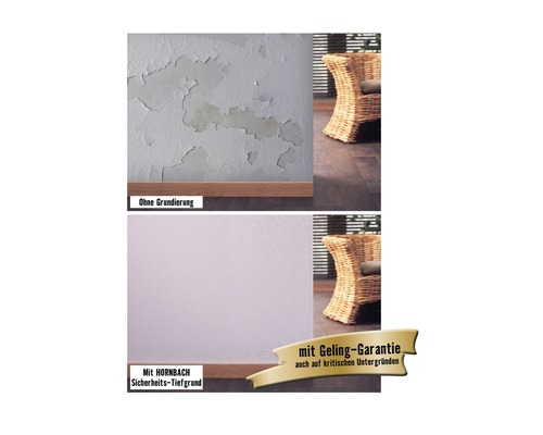 Vorher-nachher-Effekt von Hornbach Sicherheits-Tiefgrund auf einer Wand