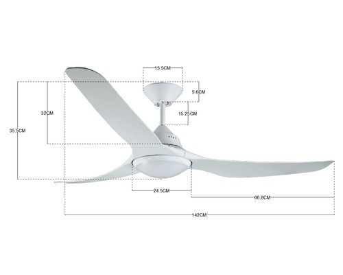 Deckenventilator mit Beleuchtung und Massangaben