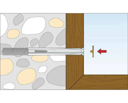 Illustration d''un ancrage de boulon dans un mur en pierre, fixé par un cadre en bois.