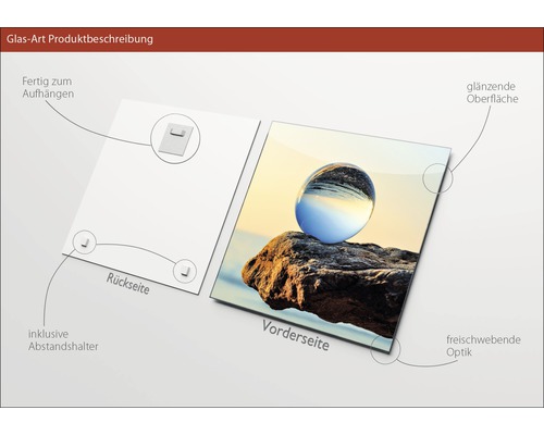 Description du produit photo en verre avec dispositif de suspension et surface brillante