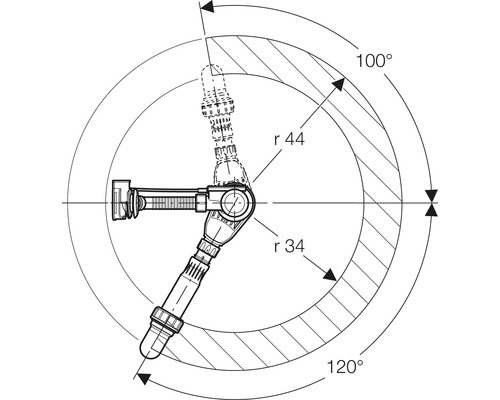 Technische Zeichnung eines flexiblen Verbindungsstücks mit Winkelangaben und Radien